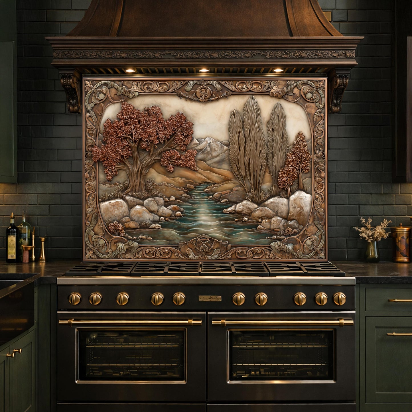 Wilderness River Tempered Glass Backsplash, Copper Look Autumn Forest Wall Panel, Custom, Heat Resistant