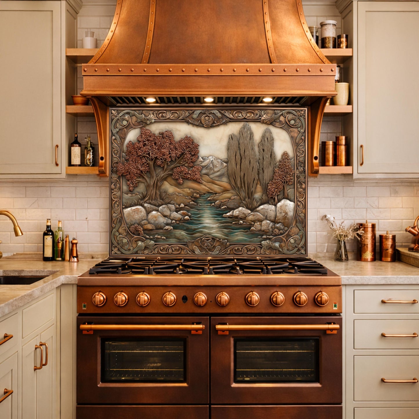 Wilderness River Tempered Glass Backsplash, Copper Look Autumn Forest Wall Panel, Custom, Heat Resistant