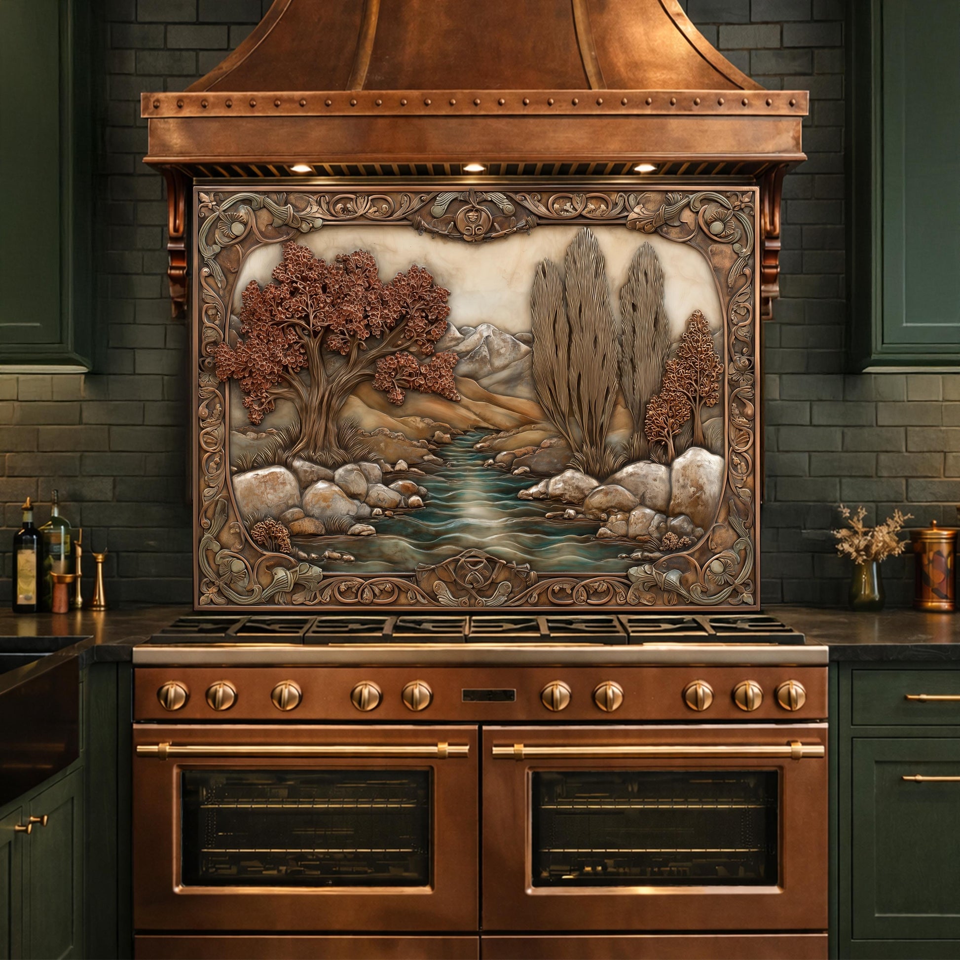 Wilderness River Tempered Glass Backsplash, Copper Look Autumn Forest Wall Panel, Custom, Heat Resistant