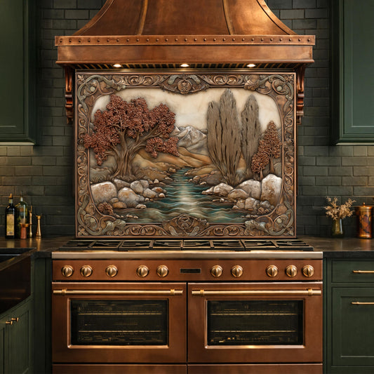 Wilderness River Tempered Glass Backsplash, Copper Look Autumn Forest Wall Panel, Custom, Heat Resistant