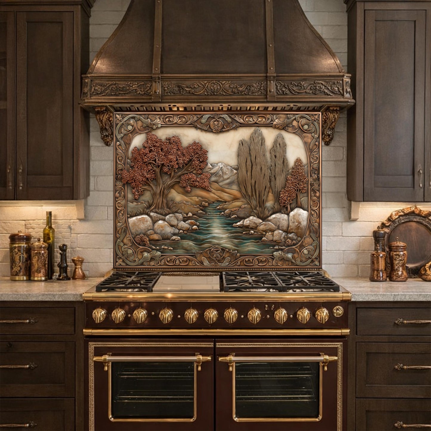 Wilderness River Tempered Glass Backsplash, Copper Look Autumn Forest Wall Panel, Custom, Heat Resistant
