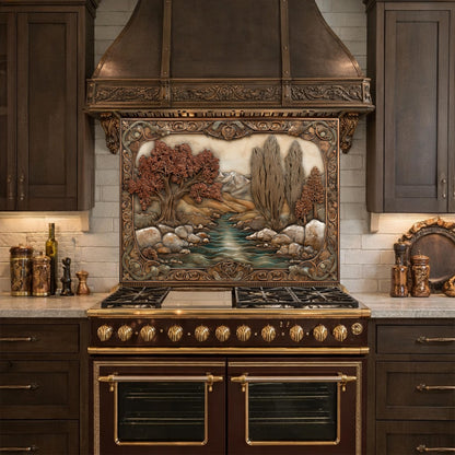 Wilderness River Tempered Glass Backsplash, Copper Look Autumn Forest Wall Panel, Custom, Heat Resistant