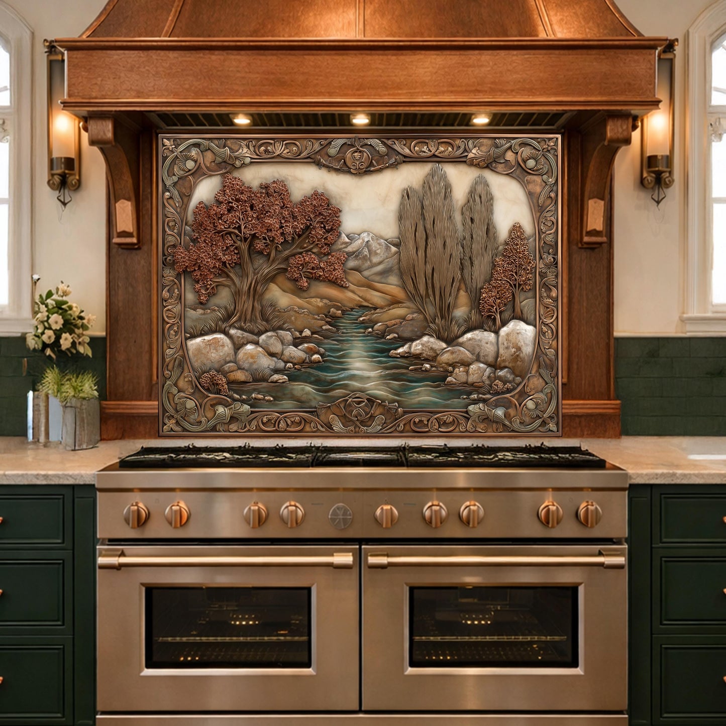 Wilderness River Tempered Glass Backsplash, Copper Look Autumn Forest Wall Panel, Custom, Heat Resistant