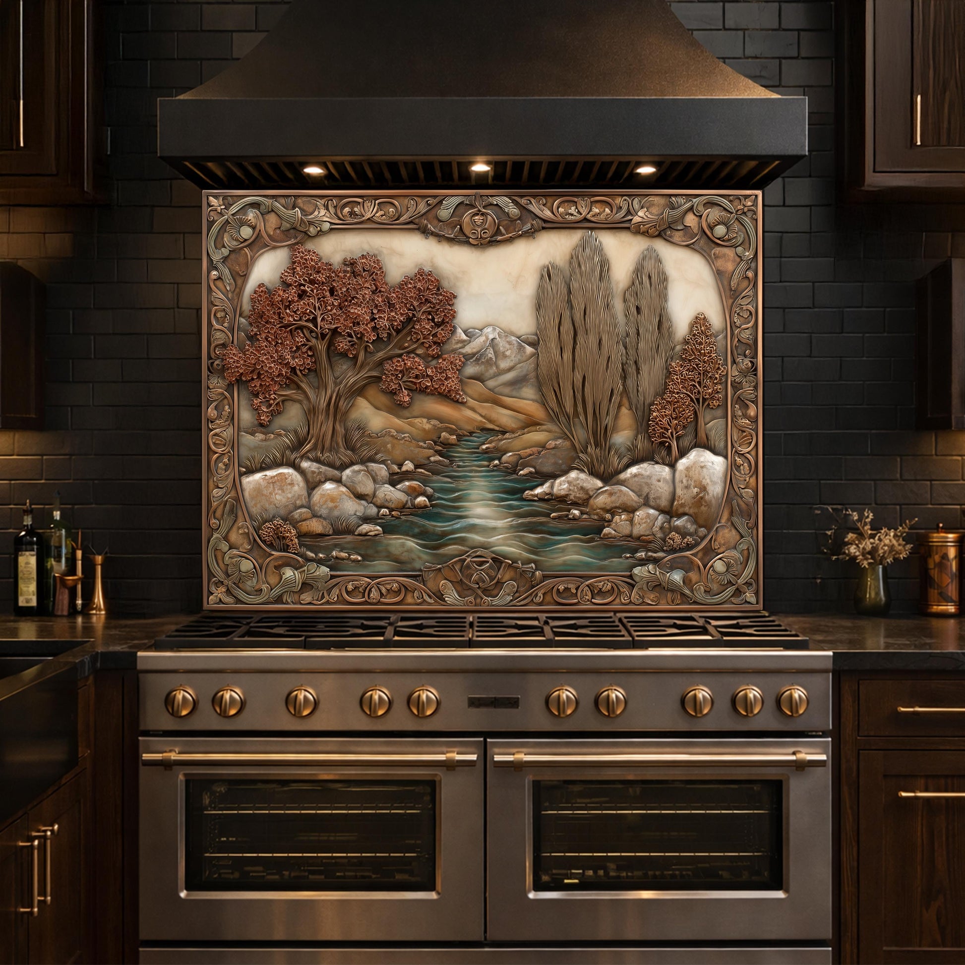 Wilderness River Tempered Glass Backsplash, Copper Look Autumn Forest Wall Panel, Custom, Heat Resistant