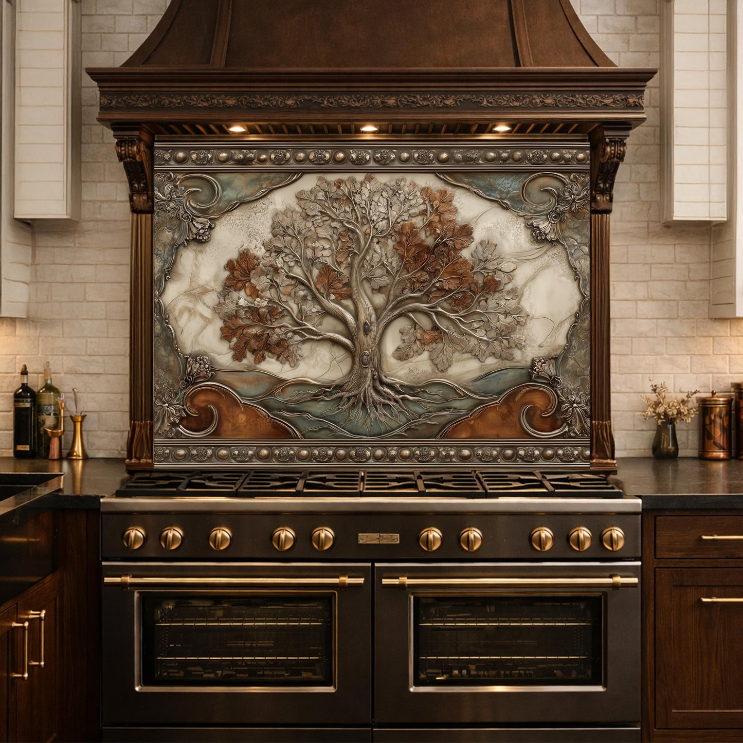 Tree of Life Tempered Glass Backsplash, Copper Embossed Oak Wall Panel, Heat Resistant