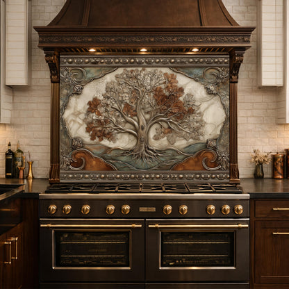 Tree of Life Tempered Glass Backsplash, Copper Embossed Oak Wall Panel, Heat Resistant