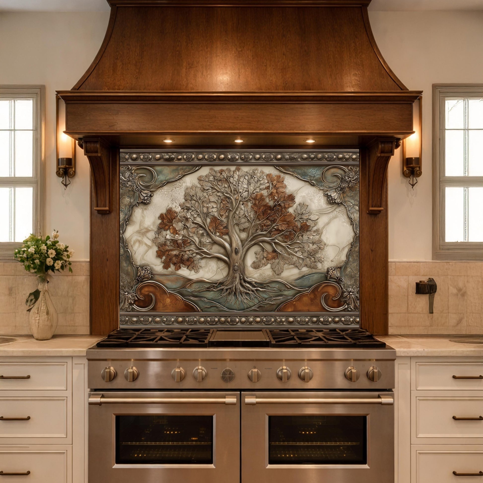 Tree of Life Tempered Glass Backsplash, Copper Embossed Oak Wall Panel, Heat Resistant