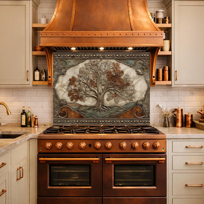 Tree of Life Tempered Glass Backsplash, Copper Embossed Oak Wall Panel, Heat Resistant