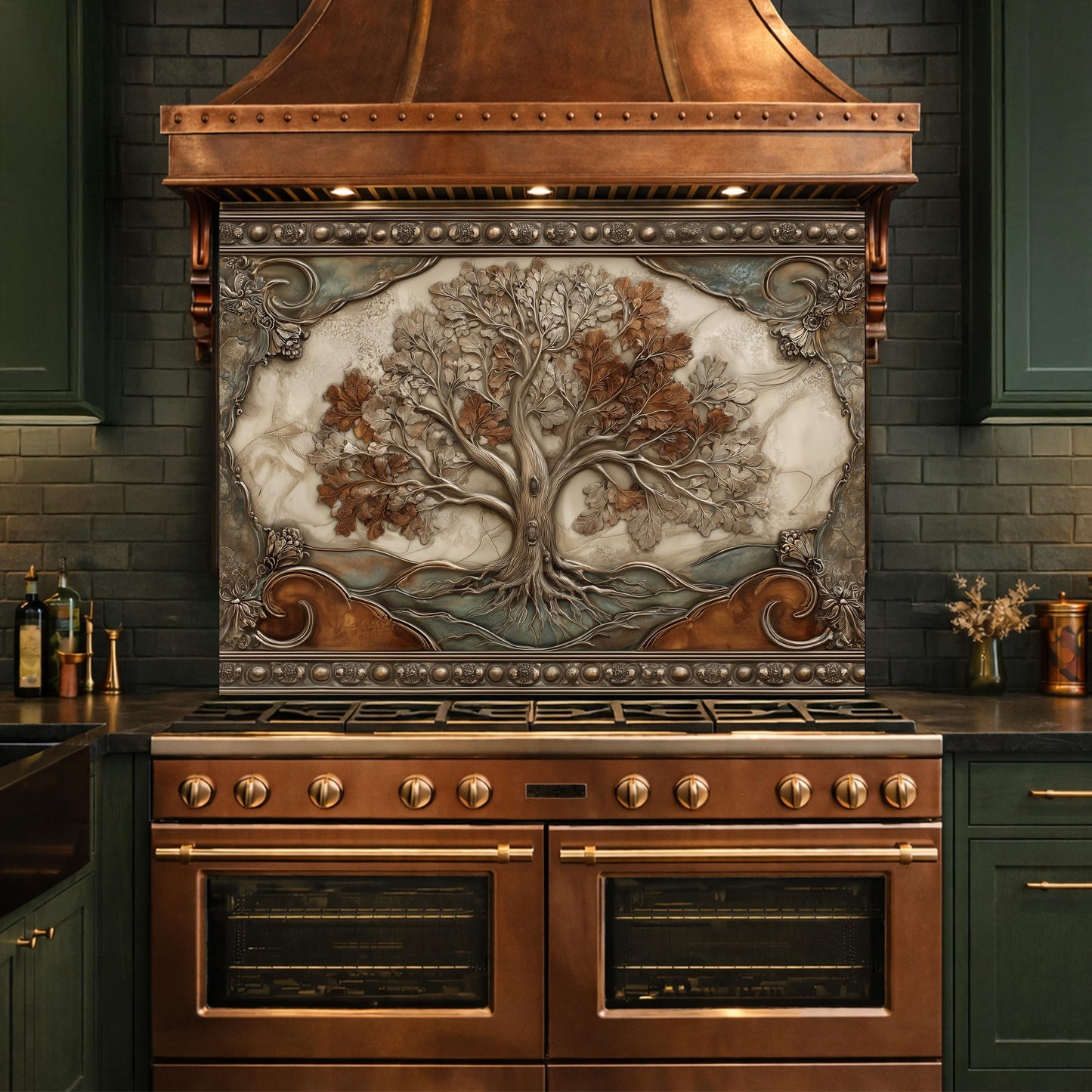 Tree of Life Tempered Glass Backsplash, Copper Embossed Oak Wall Panel, Heat Resistant