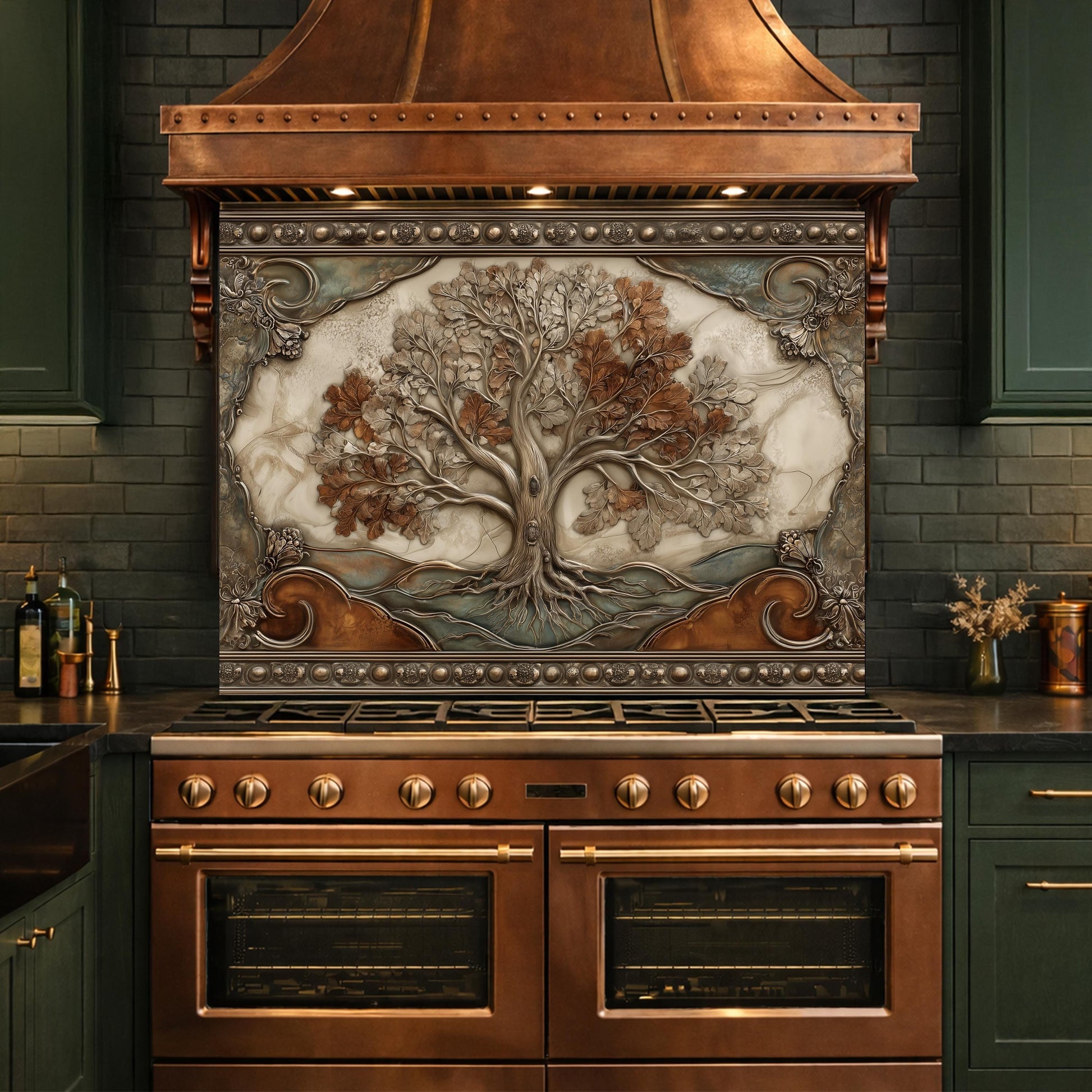 Tree of Life Tempered Glass Backsplash, Copper Embossed Oak Wall Panel, Heat Resistant