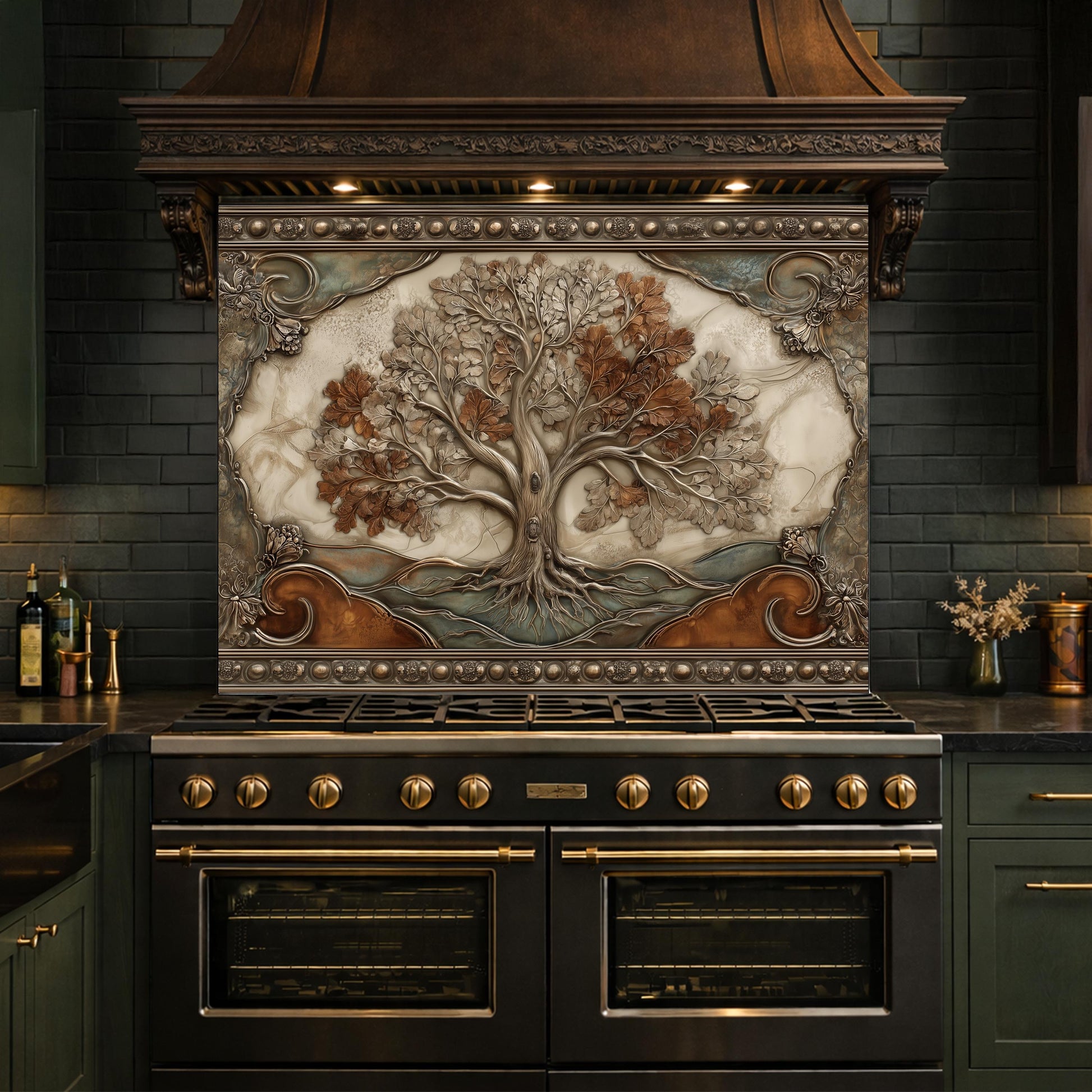 Tree of Life Tempered Glass Backsplash, Copper Embossed Oak Wall Panel, Heat Resistant
