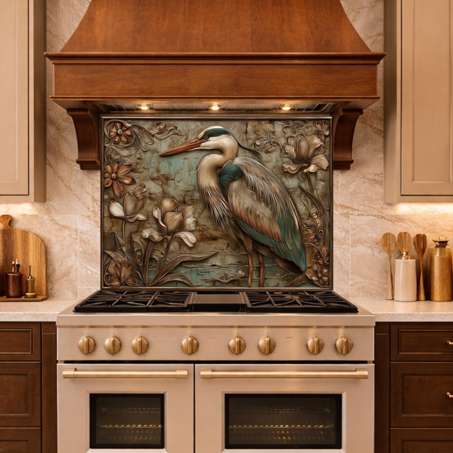Blue Heron Tempered Glass Backsplash, Copper Look Botanical Bird Wall Panel, Custom, Heat Resistant