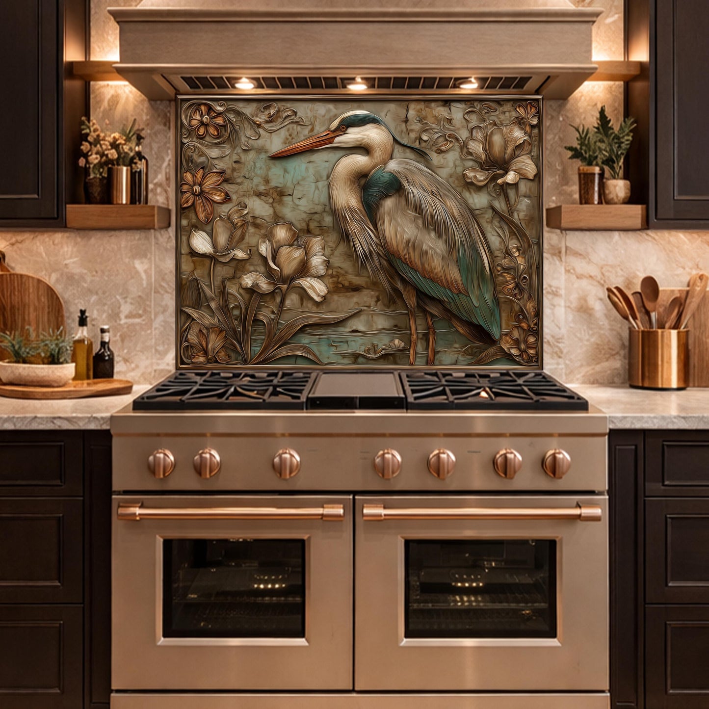 Blue Heron Tempered Glass Backsplash, Copper Look Botanical Bird Wall Panel, Custom, Heat Resistant