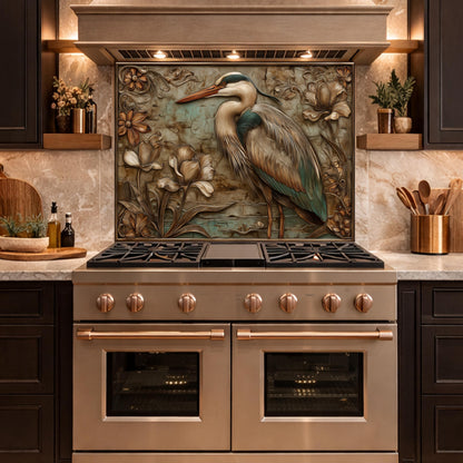 Blue Heron Tempered Glass Backsplash, Copper Look Botanical Bird Wall Panel, Custom, Heat Resistant