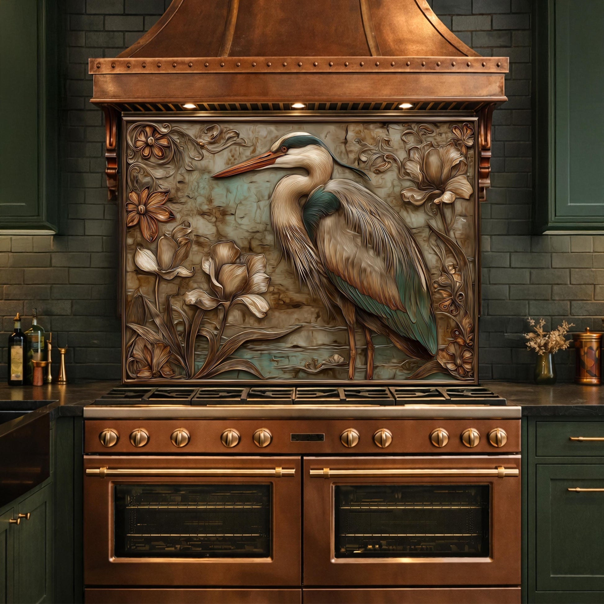 Blue Heron Tempered Glass Backsplash, Copper Look Botanical Bird Wall Panel, Custom, Heat Resistant