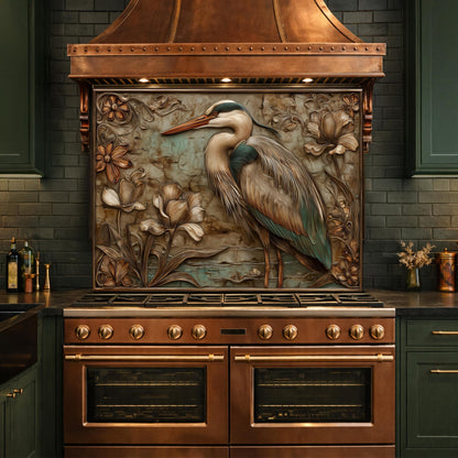 Blue Heron Tempered Glass Backsplash, Copper Look Botanical Bird Wall Panel, Custom, Heat Resistant