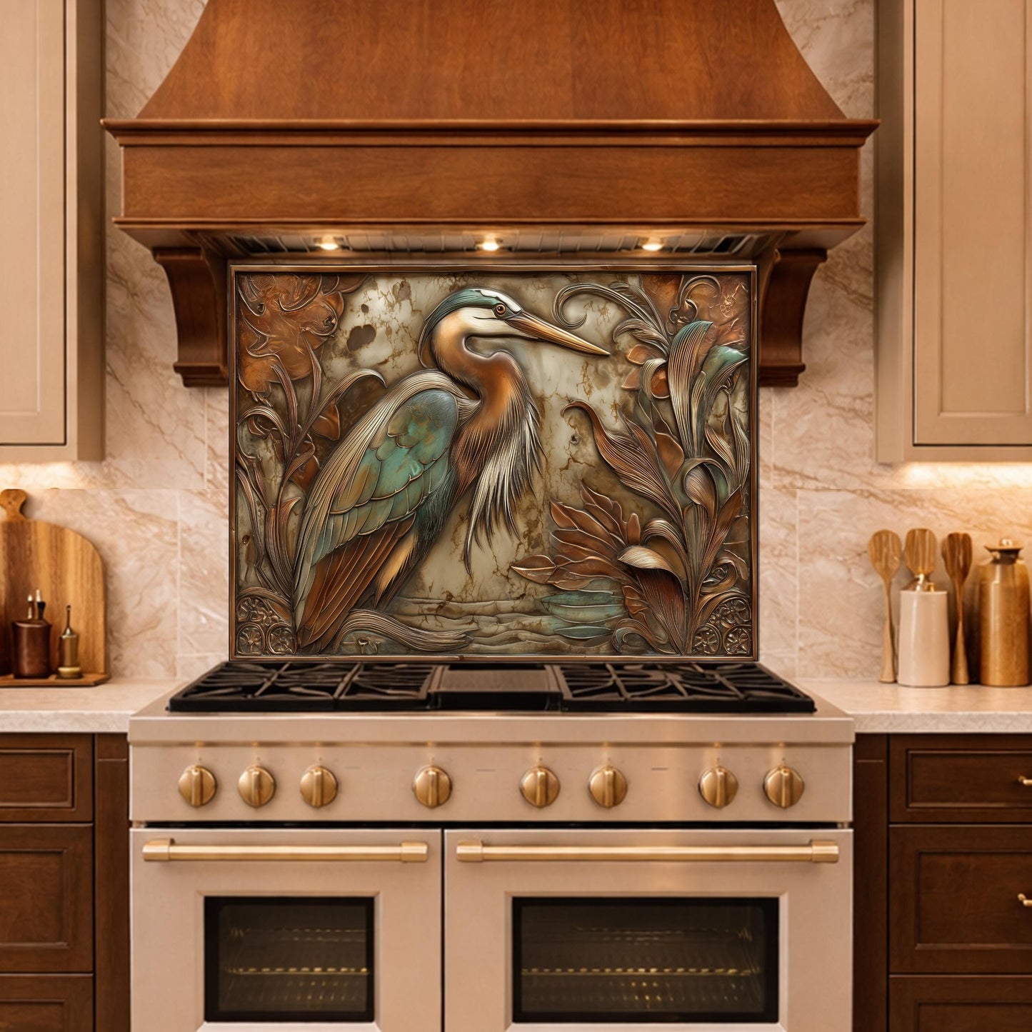 Blue Heron Tempered Glass Backsplash, Copper Botanical Bird Wall Panel, Custom Size