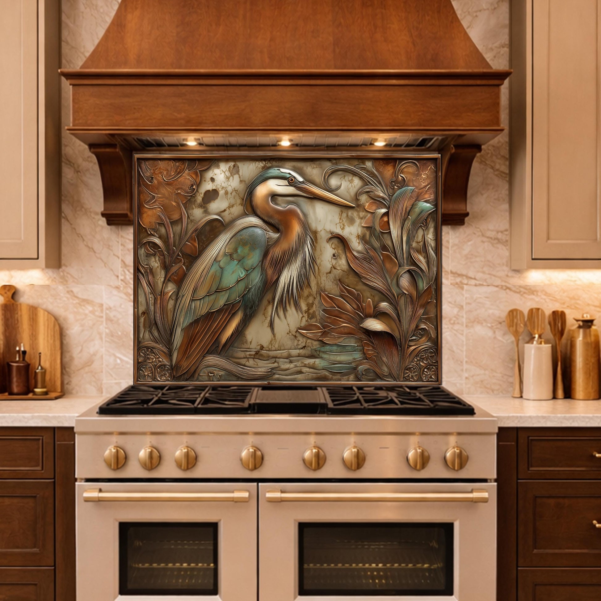 Blue Heron Tempered Glass Backsplash, Copper Botanical Bird Wall Panel, Custom Size
