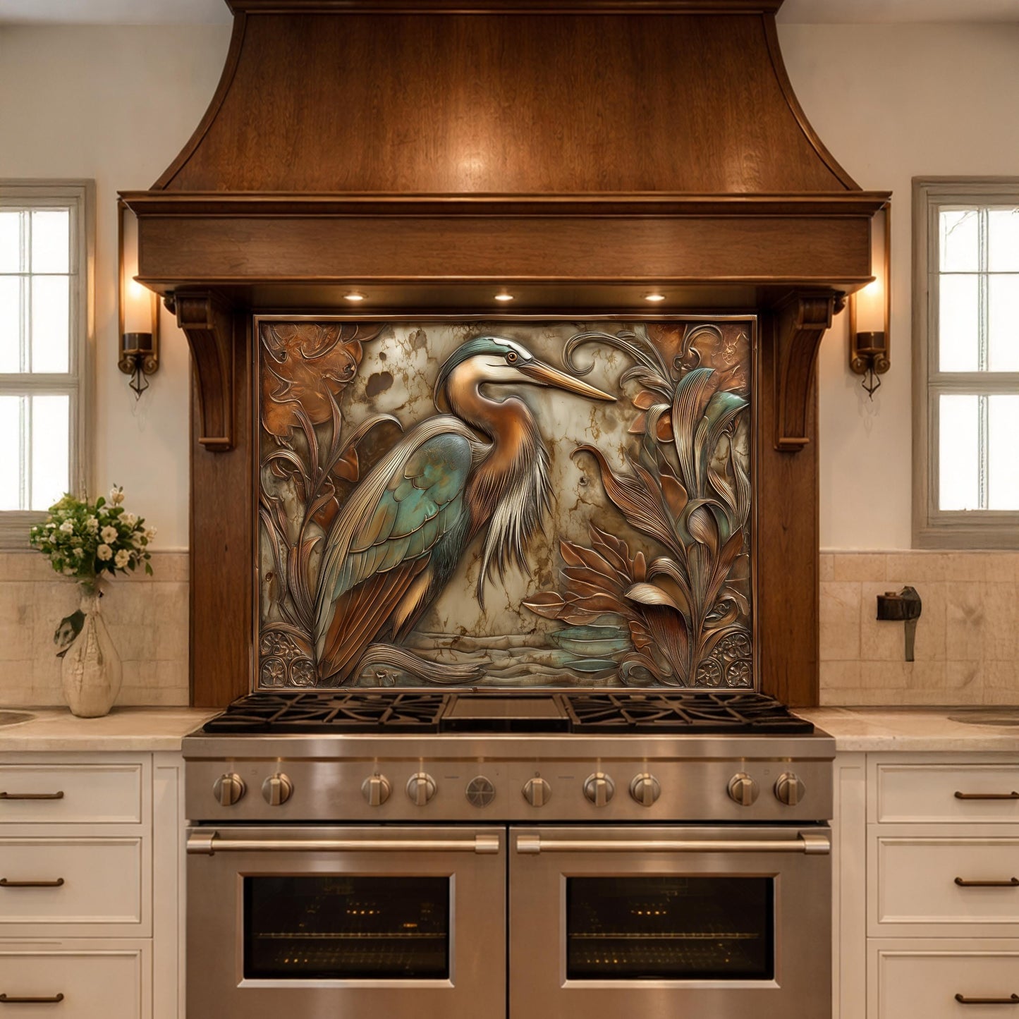 Blue Heron Tempered Glass Backsplash, Copper Botanical Bird Wall Panel, Custom Size