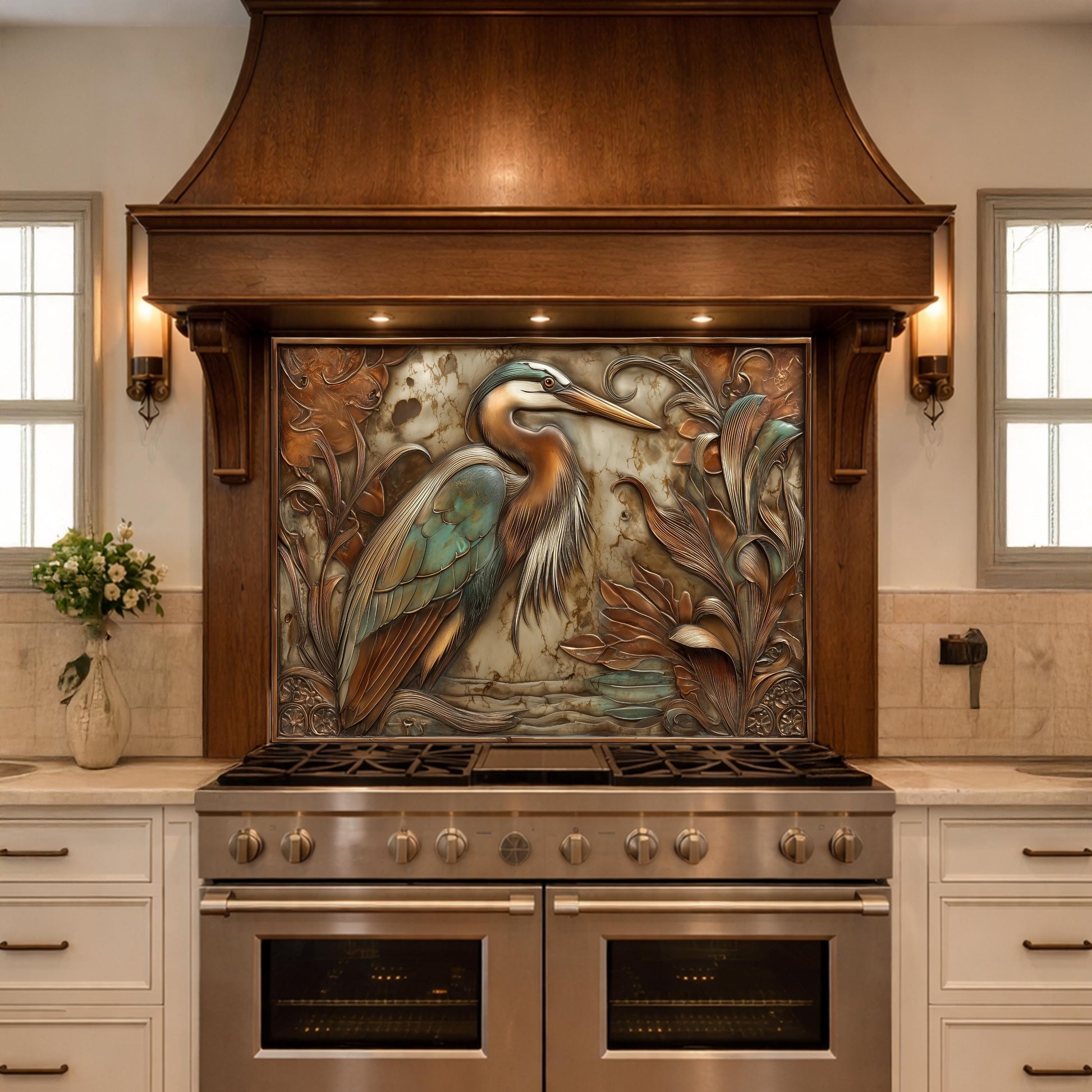 Blue Heron Tempered Glass Backsplash, Copper Botanical Bird Wall Panel, Custom Size