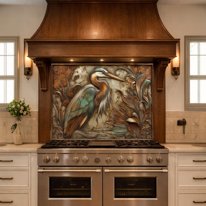 Blue Heron Tempered Glass Backsplash, Copper Botanical Bird Wall Panel, Custom Size