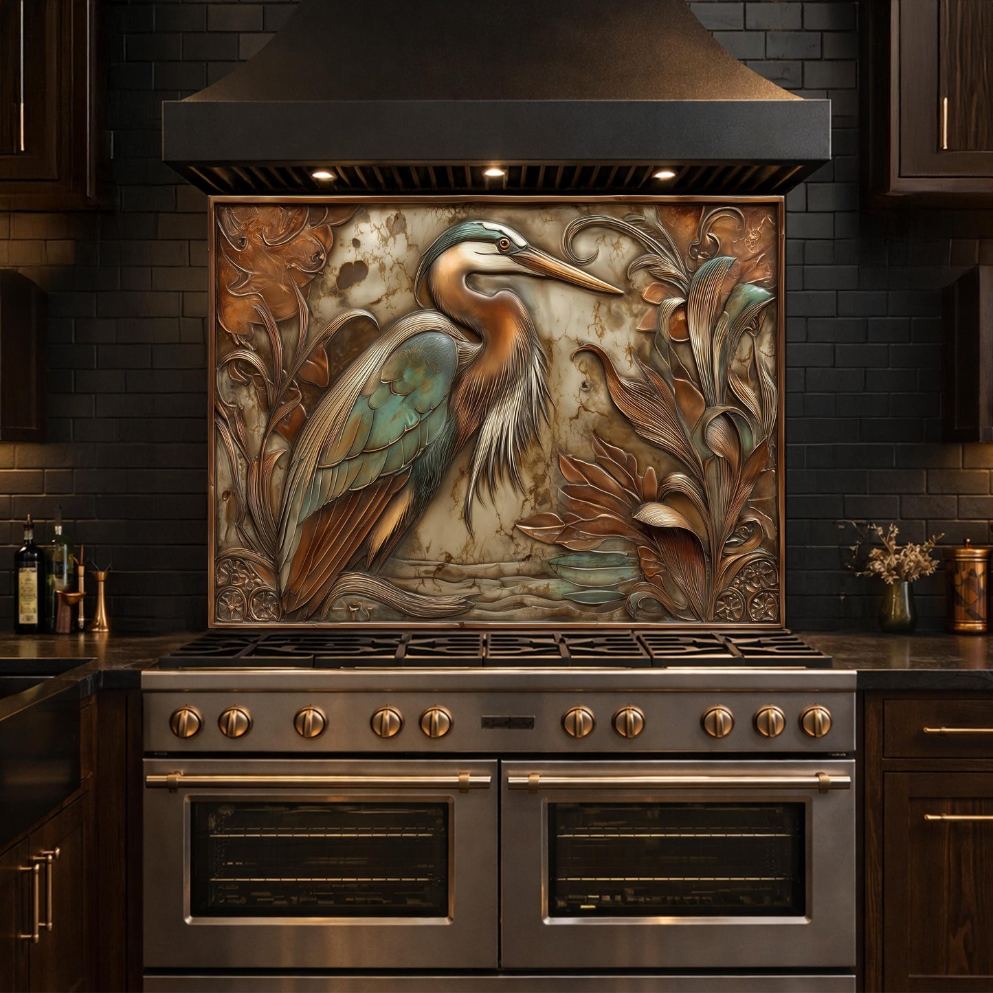 Blue Heron Tempered Glass Backsplash, Copper Botanical Bird Wall Panel, Custom Size