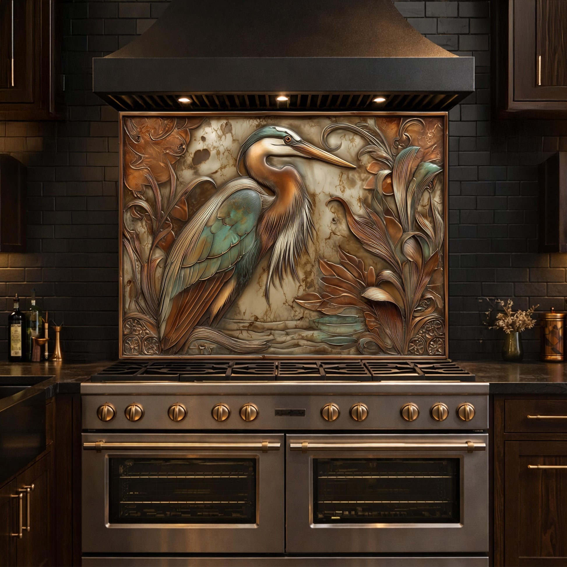 Blue Heron Tempered Glass Backsplash, Copper Botanical Bird Wall Panel, Custom Size