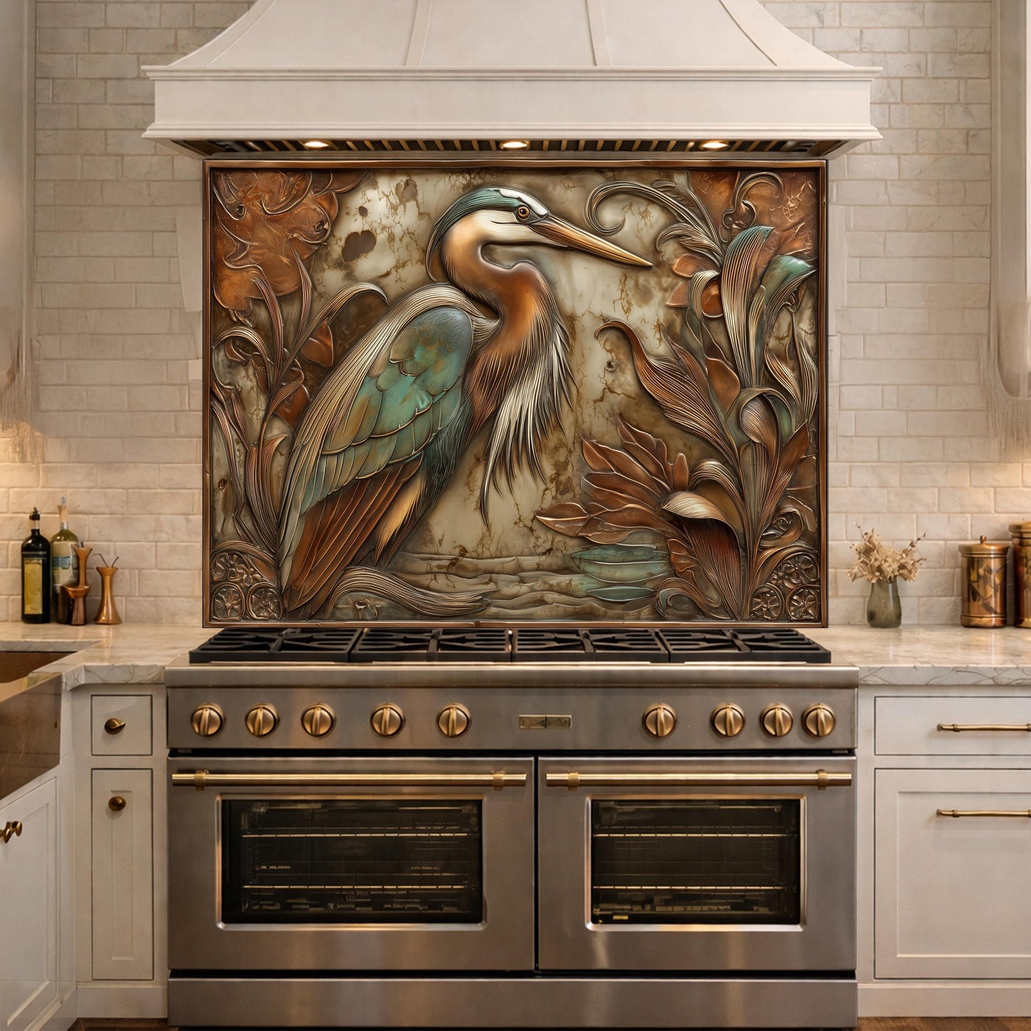 Blue Heron Tempered Glass Backsplash, Copper Botanical Bird Wall Panel, Custom Size