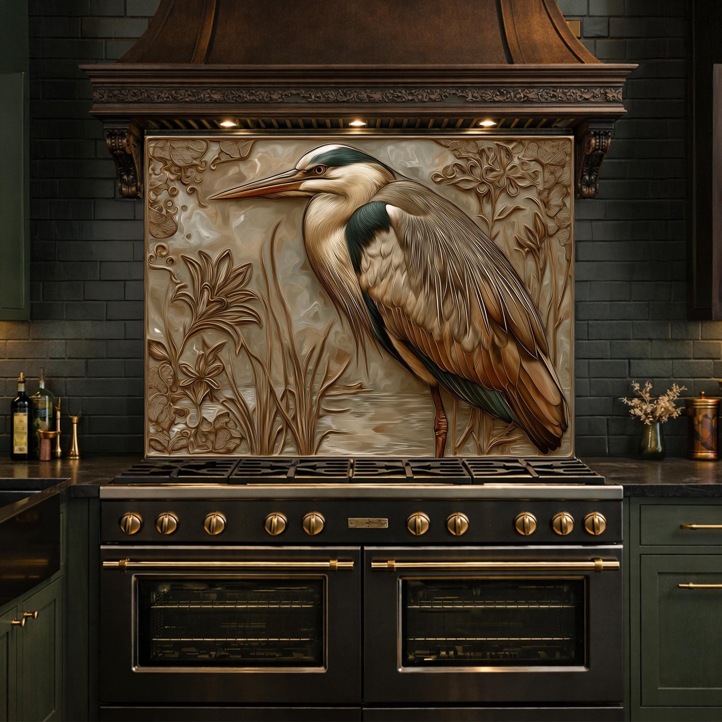 Blue Heron Tempered Glass Backsplash, Copper Look Wetland Wall Panel