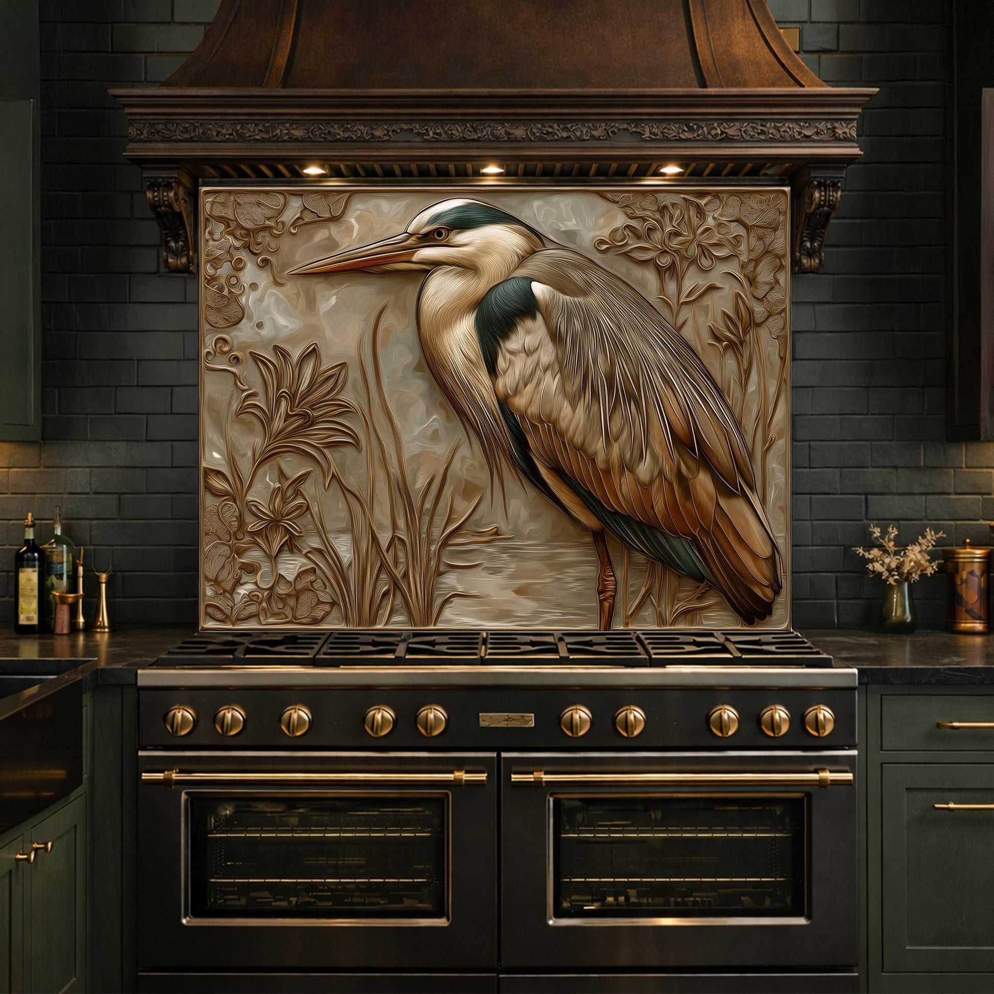 Blue Heron Tempered Glass Backsplash, Copper Look Wetland Wall Panel