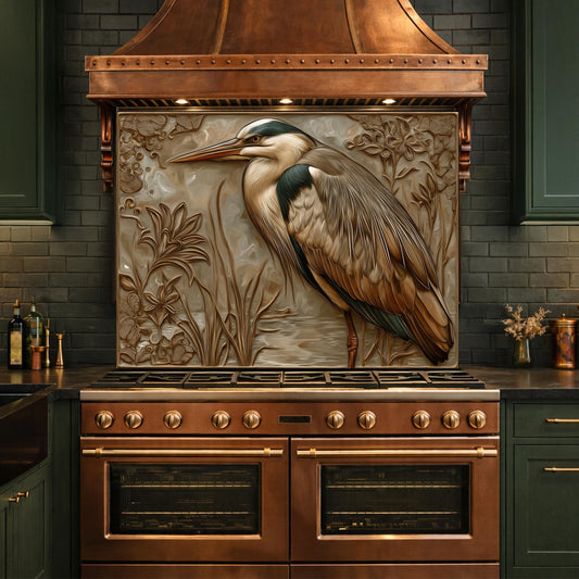 Blue Heron Tempered Glass Backsplash, Copper Look Wetland Wall Panel