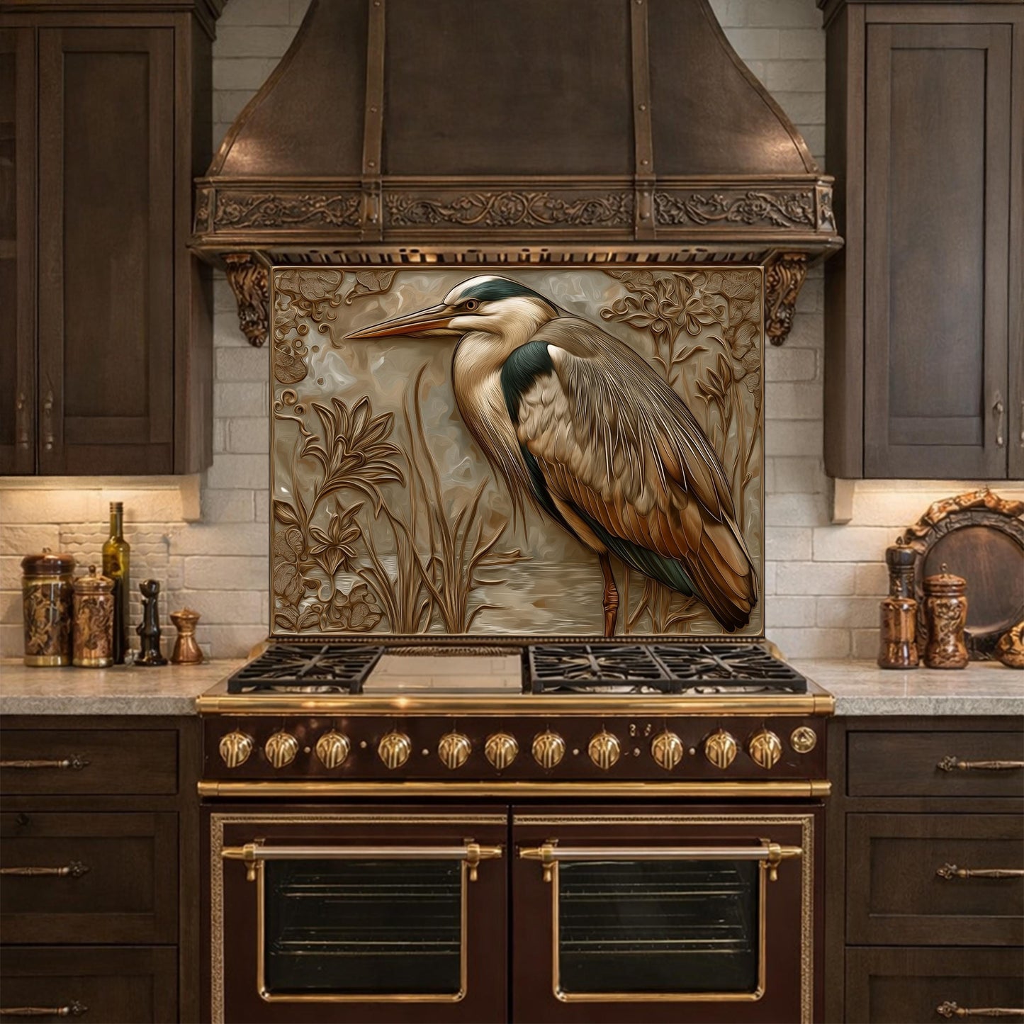 Blue Heron Tempered Glass Backsplash, Copper Look Wetland Wall Panel