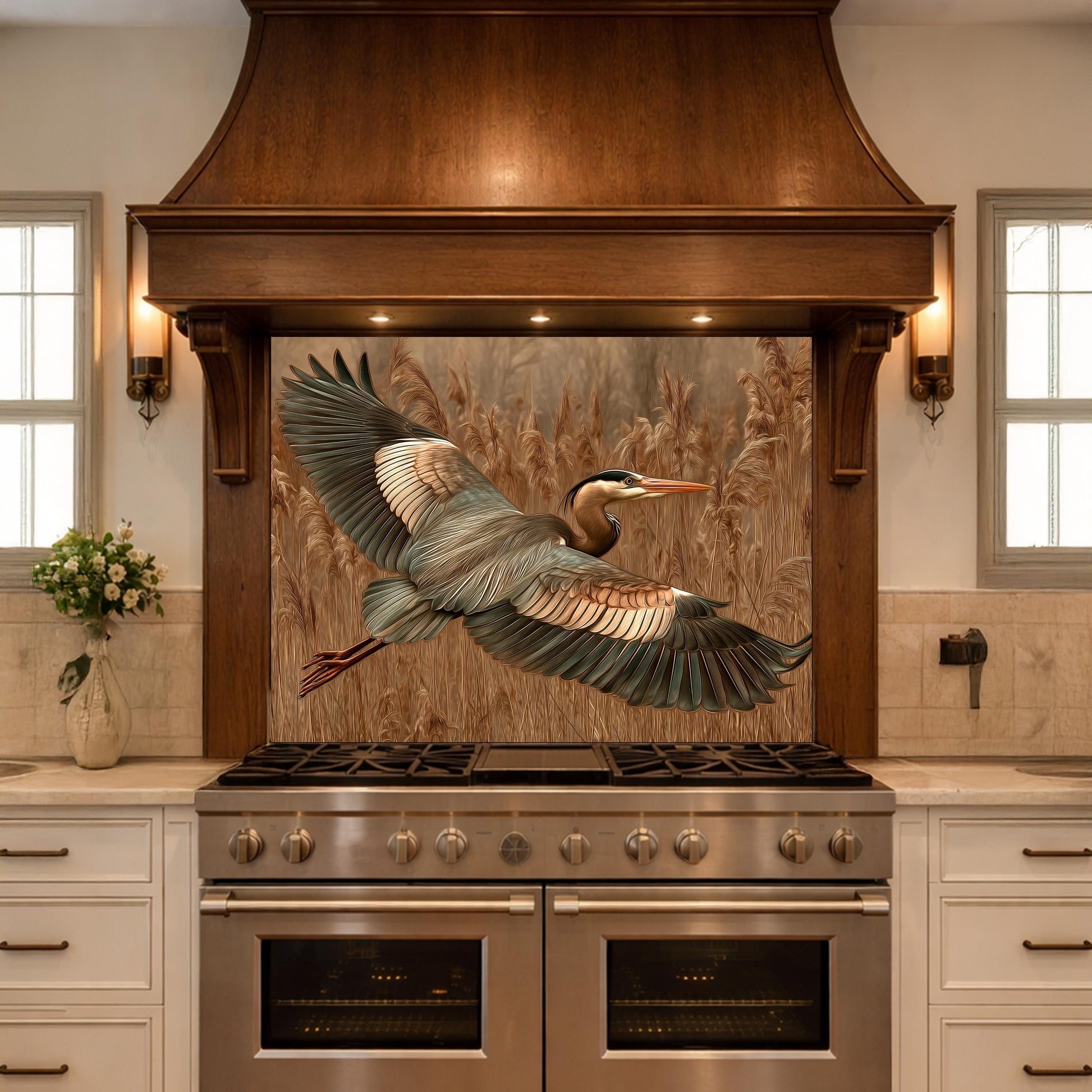 Blue Heron Flight Tempered Glass Backsplash, Copper Look Wetland Bird Wall Panel, Heat Resistant