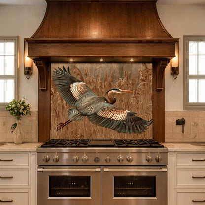 Blue Heron Flight Tempered Glass Backsplash, Copper Look Wetland Bird Wall Panel, Heat Resistant