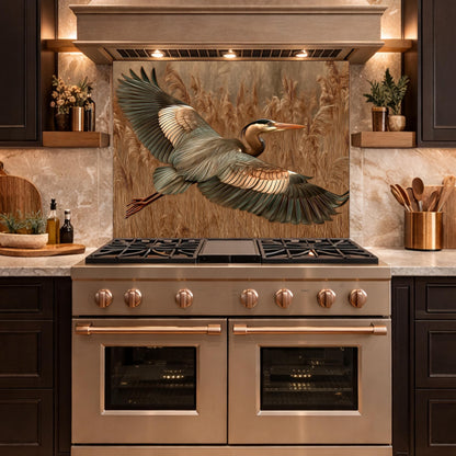 Blue Heron Flight Tempered Glass Backsplash, Copper Look Wetland Bird Wall Panel, Heat Resistant