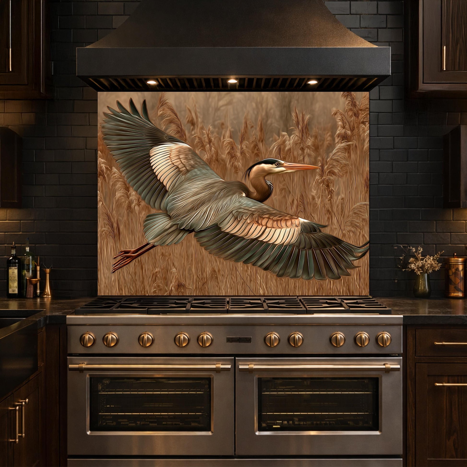 Blue Heron Flight Tempered Glass Backsplash, Copper Look Wetland Bird Wall Panel, Heat Resistant