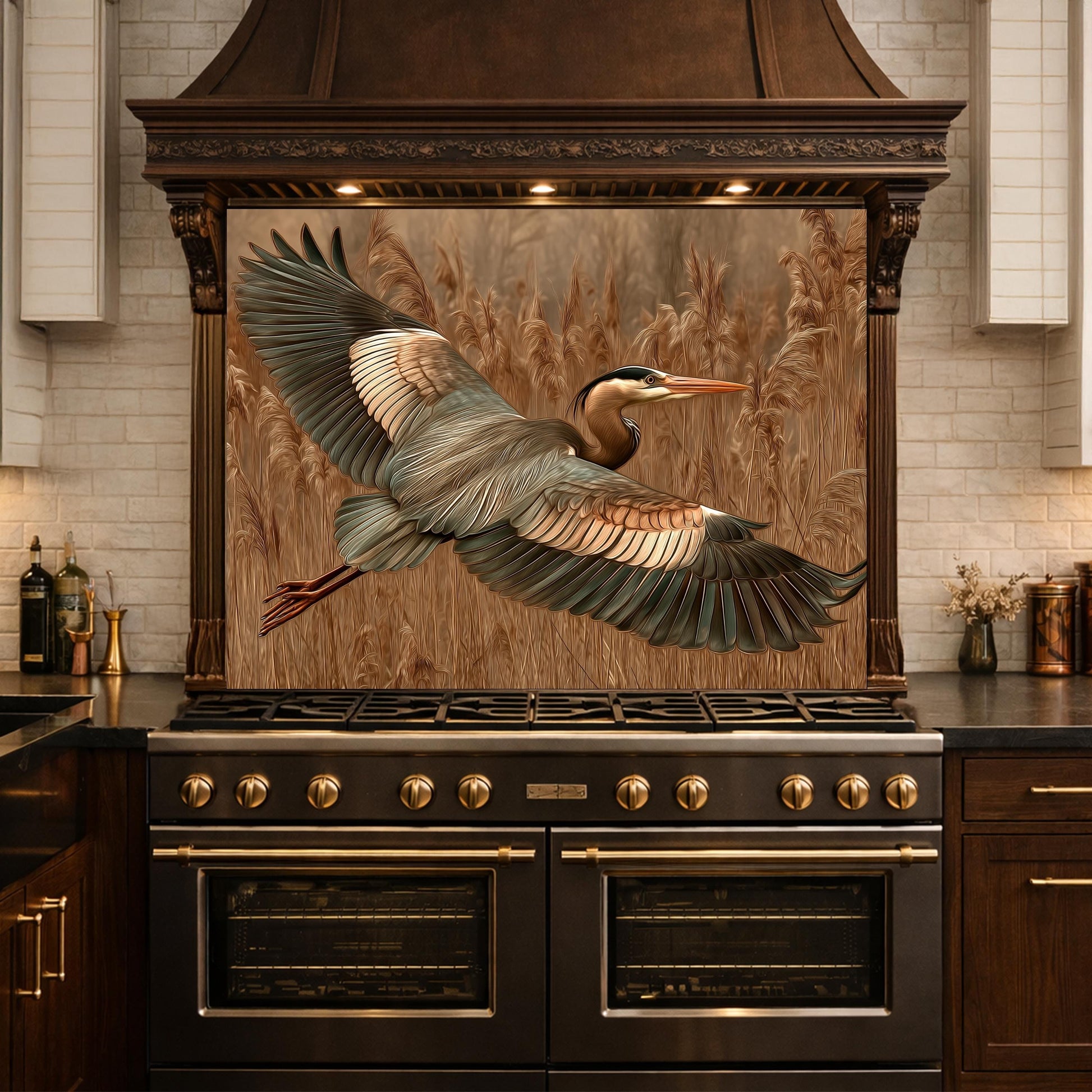 Blue Heron Flight Tempered Glass Backsplash, Copper Look Wetland Bird Wall Panel, Heat Resistant