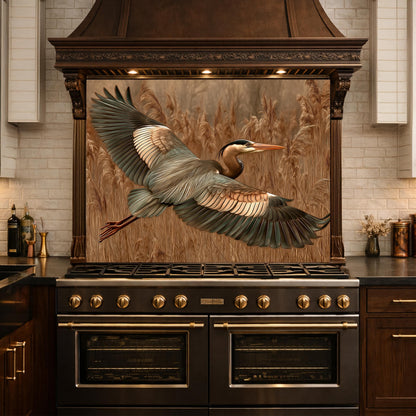 Blue Heron Flight Tempered Glass Backsplash, Copper Look Wetland Bird Wall Panel, Heat Resistant