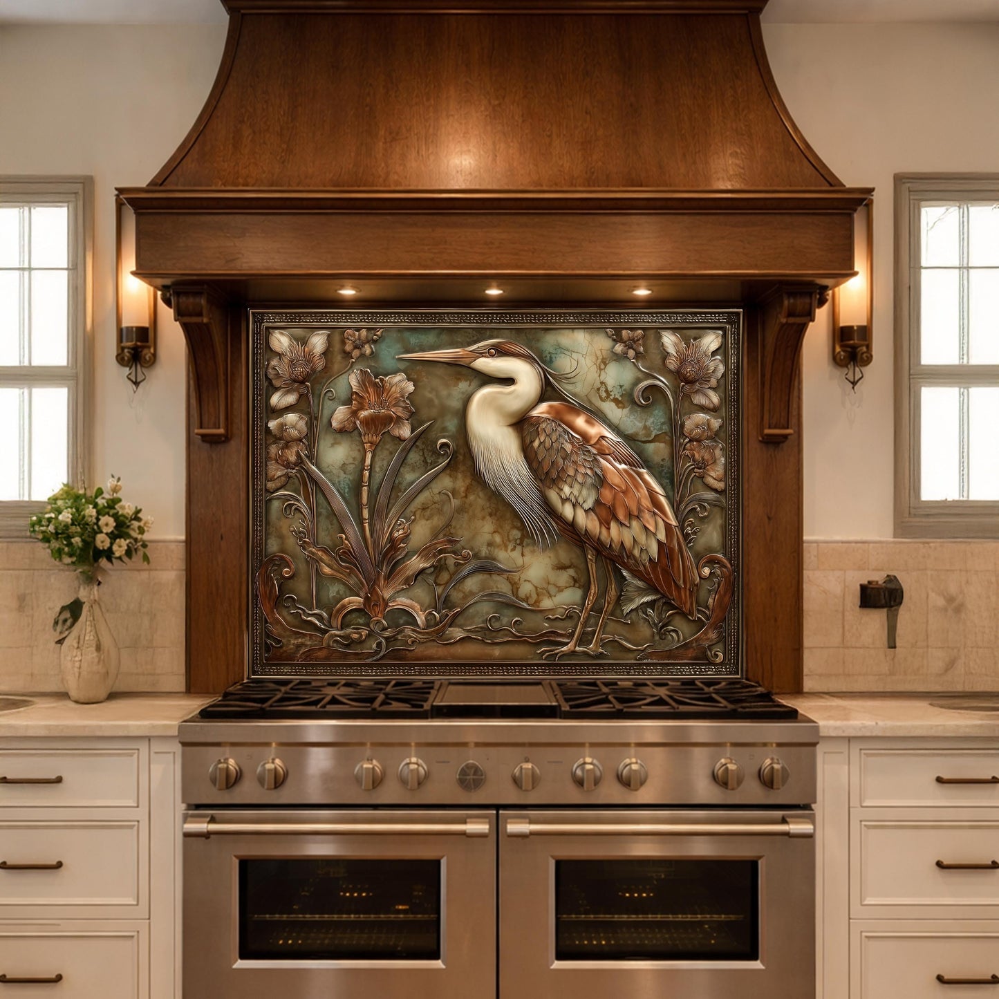 Blue Heron Botanical Tempered Glass Backsplash, Copper Look Floral Bird Wall Panel, Custom Size