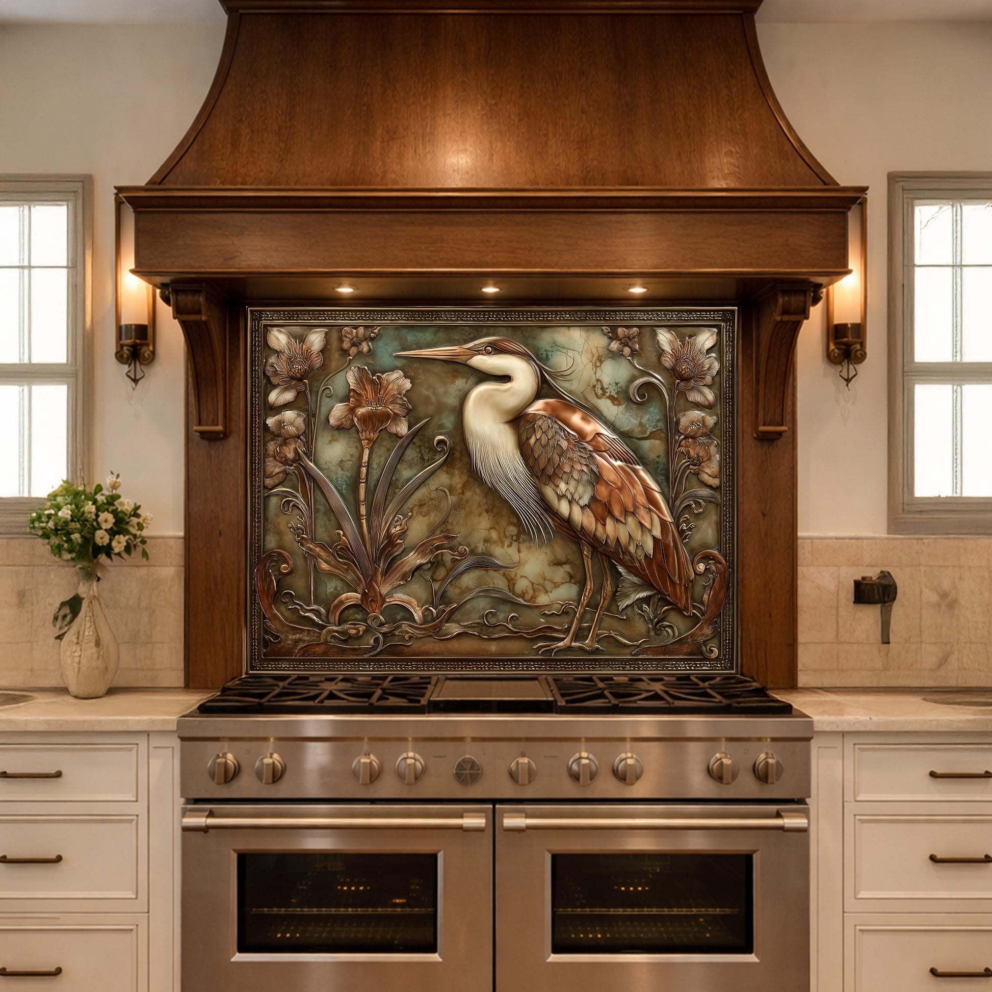 Blue Heron Botanical Tempered Glass Backsplash, Copper Look Floral Bird Wall Panel, Custom Size