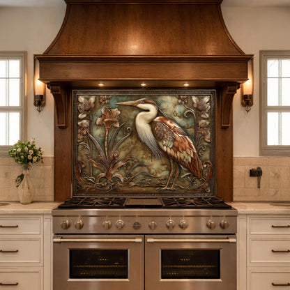 Blue Heron Botanical Tempered Glass Backsplash, Copper Look Floral Bird Wall Panel, Custom Size