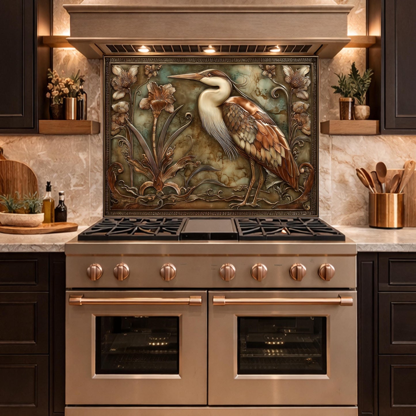 Blue Heron Botanical Tempered Glass Backsplash, Copper Look Floral Bird Wall Panel, Custom Size