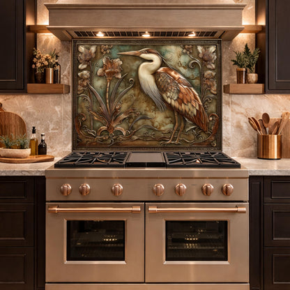Blue Heron Botanical Tempered Glass Backsplash, Copper Look Floral Bird Wall Panel, Custom Size