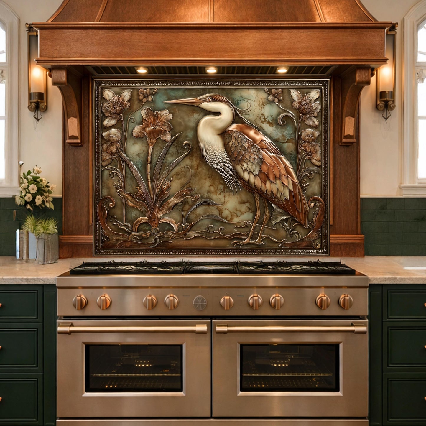 Blue Heron Botanical Tempered Glass Backsplash, Copper Look Floral Bird Wall Panel, Custom Size