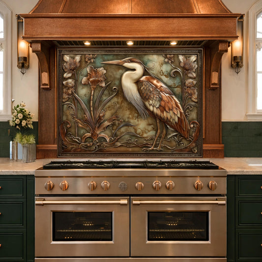 Blue Heron Botanical Tempered Glass Backsplash, Copper Look Floral Bird Wall Panel, Custom Size
