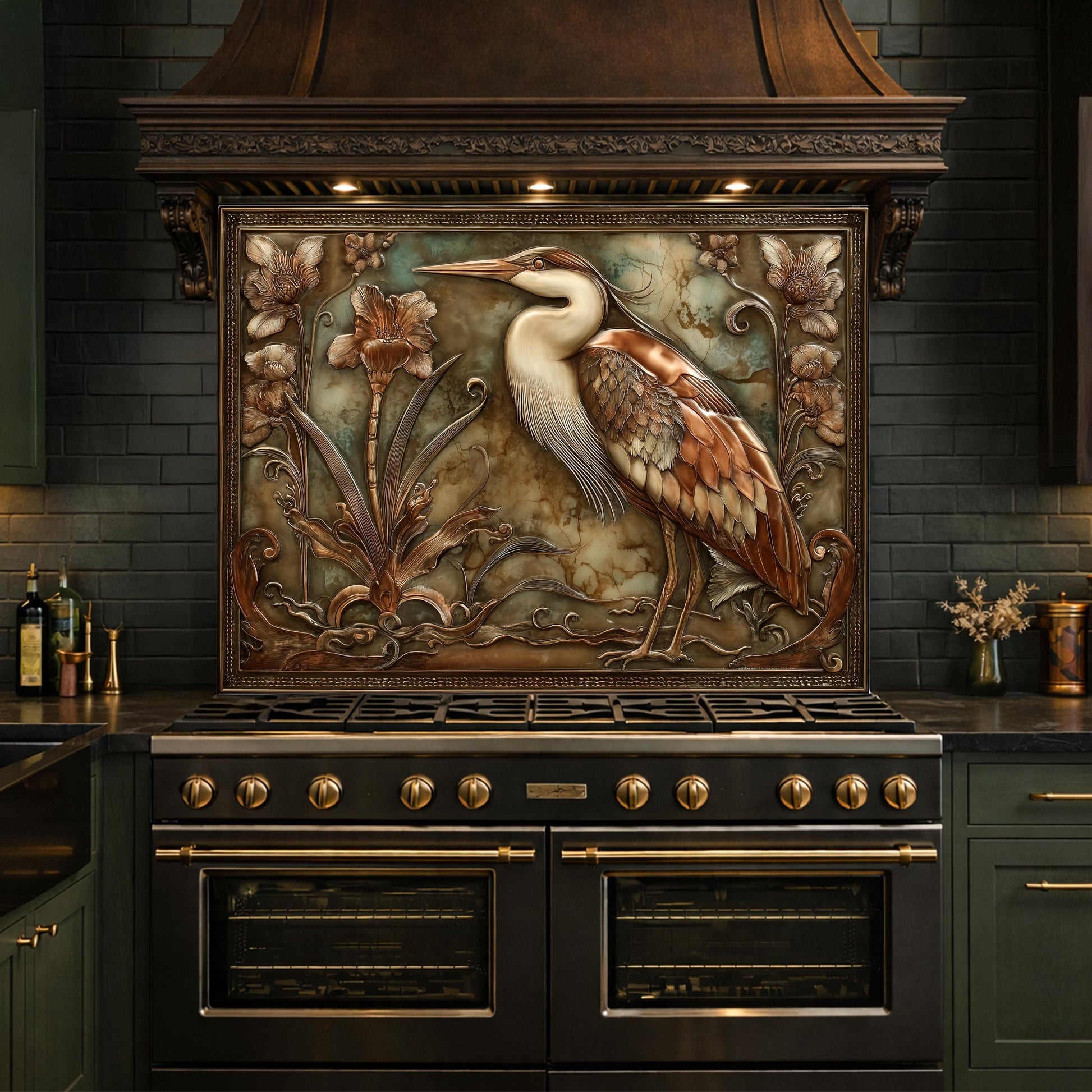 Blue Heron Botanical Tempered Glass Backsplash, Copper Look Floral Bird Wall Panel, Custom Size