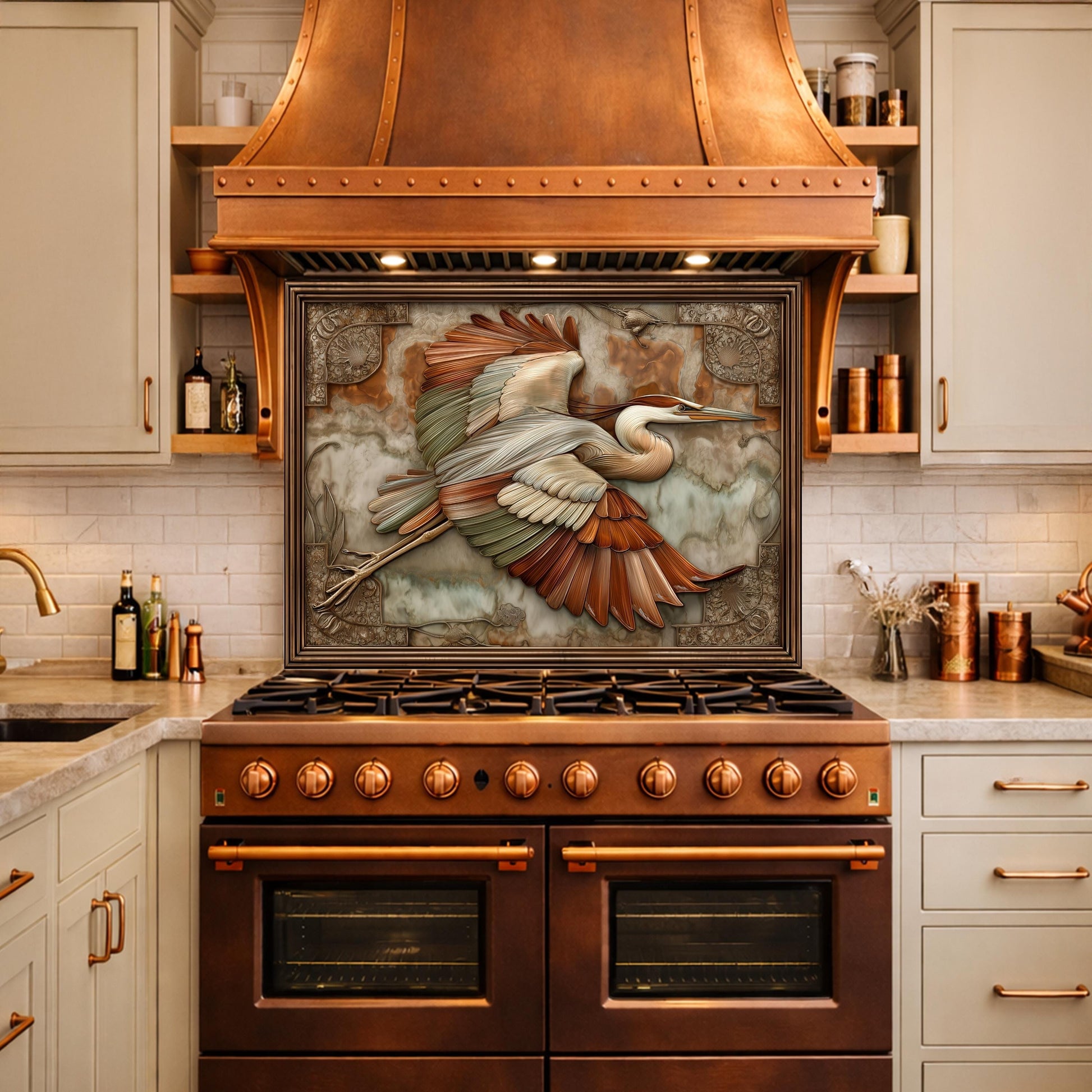 Blue Heron Flight Tempered Glass Backsplash, Copper Look Wetland Bird Wall Panel, Custom Size