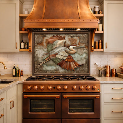 Blue Heron Flight Tempered Glass Backsplash, Copper Look Wetland Bird Wall Panel, Custom Size