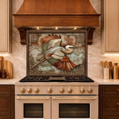 Blue Heron Flight Tempered Glass Backsplash, Copper Look Wetland Bird Wall Panel, Custom Size