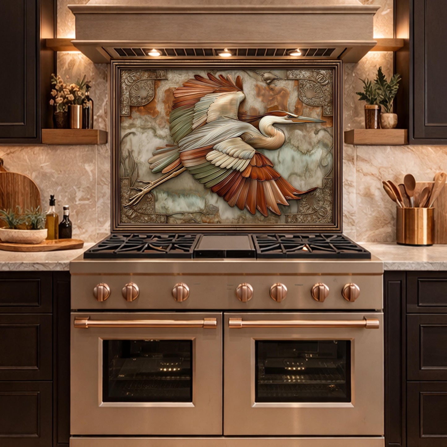 Blue Heron Flight Tempered Glass Backsplash, Copper Look Wetland Bird Wall Panel, Custom Size